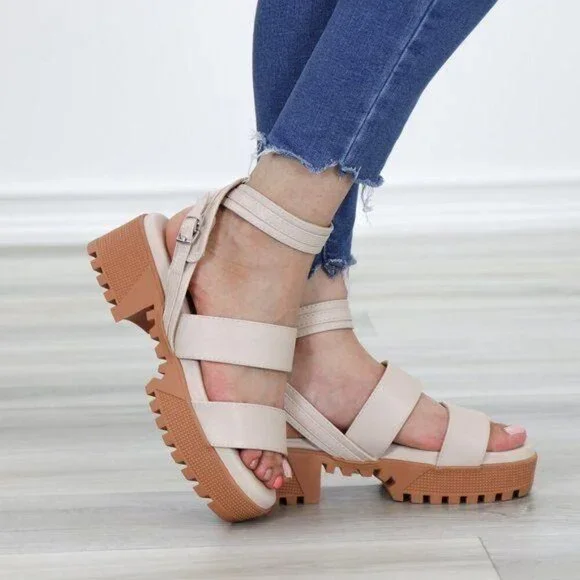 Nude Strappy Chunky Heel Sandal Faux Leather - Picture 6 of 12